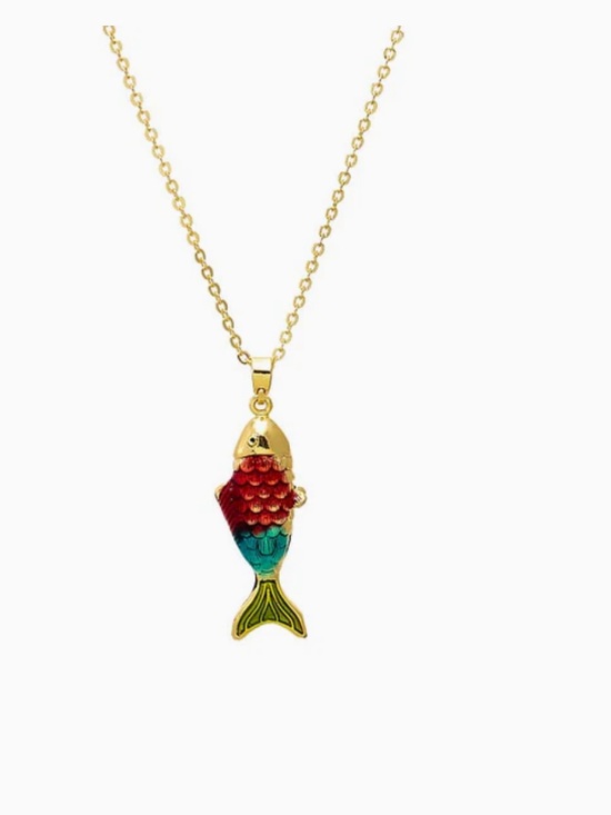 Adina Eden Jewelry - Adina Eden Gold Tone Necklace with Red, Teal and Green Enamel Fish Pendant NEW